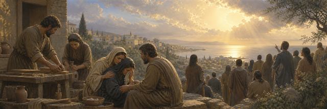 Working neighbors comforting a grieving family while a gathered community looks toward a radiant sunrise